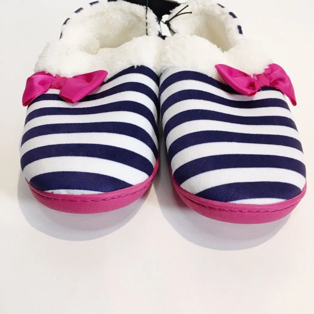 Girls Slippers NAVY BLUE WHITE STRIPED Pink Bow SHERPA LINED Rubber‎ Sole XL 4-5